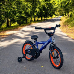 Bicicleta 16 inch roti ajutatoare cadru otel 23 cm ghidon reglabil frane fata v-brake albastruportocaliu