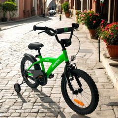 Bicicleta cu roti ajutatoare 16 inch v-brake scaun ajustabil cadru otel jante aluminiu aparatoare lantnoroi verde