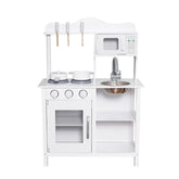 Bucatarie din lemn si mdf pentru copii cuptor cu microunde chiuveta rafturi ustentile pentru gatit 60x30x85 cm alba