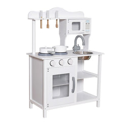 Bucatarie din lemn si mdf pentru copii cuptor cu microunde chiuveta rafturi ustentile pentru gatit 60x30x85 cm alba