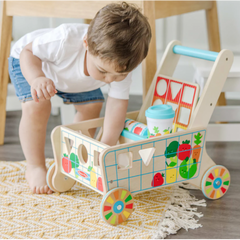 Carucior Premergator copii din Lemn cu Set de Jucarii Educative