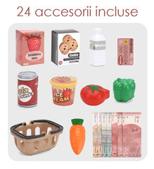 Casa de marcat de jucarie scanner produse microfon cos produse bani 24 accesorii efecte muzicale 25x16x15 cm