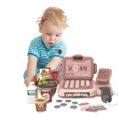 Casa de marcat de jucarie scanner produse microfon cos produse bani 24 accesorii efecte muzicale 25x16x15 cm