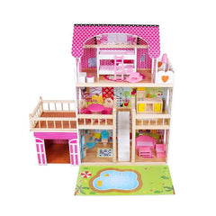 Casuta papusi din Lemn cu Iluminare Led cu Garaj si Accesorii