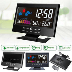 Ceas digital cu termometru si higrometru control vocal statie meteo alarma snooze senzor de sunet ecran lcd