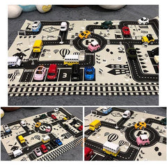 Covoras pentru copii imprimeu pista auto suprafata impermeabila 83x57 cm alb negru