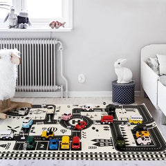 Covoras pentru copii imprimeu pista auto suprafata impermeabila 83x57 cm alb negru