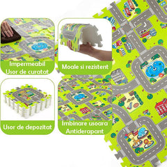 Covoras pista masinute 9 piese tip puzzle spuma eva grosime 1 cm 90x90 cm