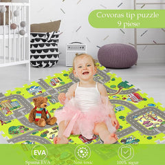 Covoras pista masinute 9 piese tip puzzle spuma eva grosime 1 cm 90x90 cm