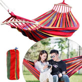 Hamac dublu cu tija din lemn 150 x 200 cm capacitate maxima 200 kg 330gmp multicolor