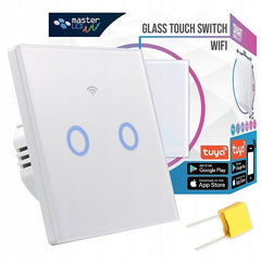 Intrerupator dublu smart touch panou din sticla wifi android si ios alb