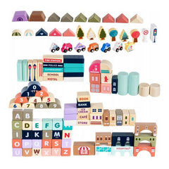 Joc cuburi lemn Oras Colorat 115 piese cu Vehicule tip puzzle