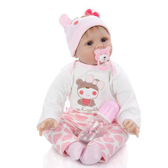 Papusa Bebelus 55 cm Aspect Realist hainute roz cu 5 accesorii si suzeta magnetica
