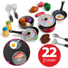 Set 22 accesorii bucatarie copii alimente condimente oale ustensile multicolor