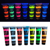 Set 7 culori vopsea glow uv neon 25 mlculoare pentru corp si fata pe baza de apa