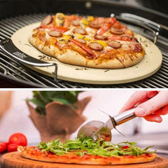 Set blat ceramic pentru copt pizza si cutit diametru 33 cm cu manere metalice