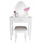Set masa de toaleta si scaun oglinda ovala 3 sertare design vintage alb