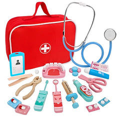 Trusa doctor stomatolog copii set din lemn cu multiple accesorii geanta cu fermoar
