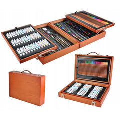 Trusa Pictura si Desen 174 piese creioane vopsea pensule markere valiza lemn