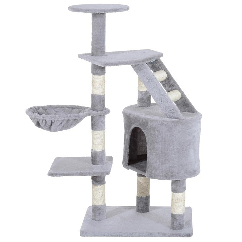 Ansamblu de joaca pentru pisici inaltime 120 cm 5 nivele cu pat cos stalpi sisal plus gri