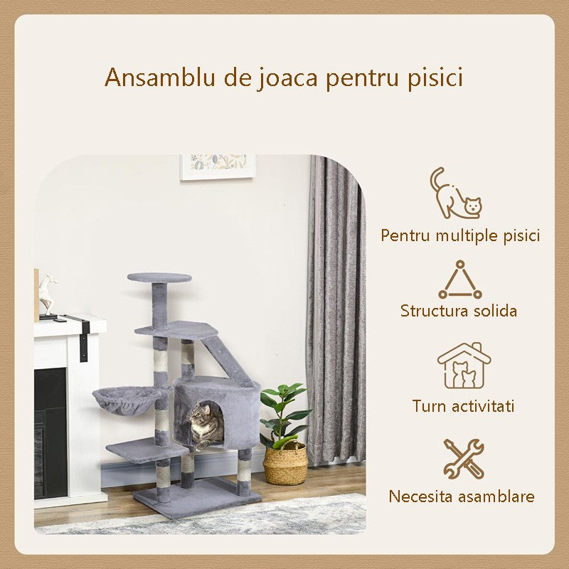Ansamblu de joaca pentru pisici inaltime 120 cm 5 nivele cu pat cos stalpi sisal plus gri