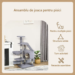 Ansamblu de joaca pentru pisici inaltime 120 cm 5 nivele cu pat cos stalpi sisal plus gri