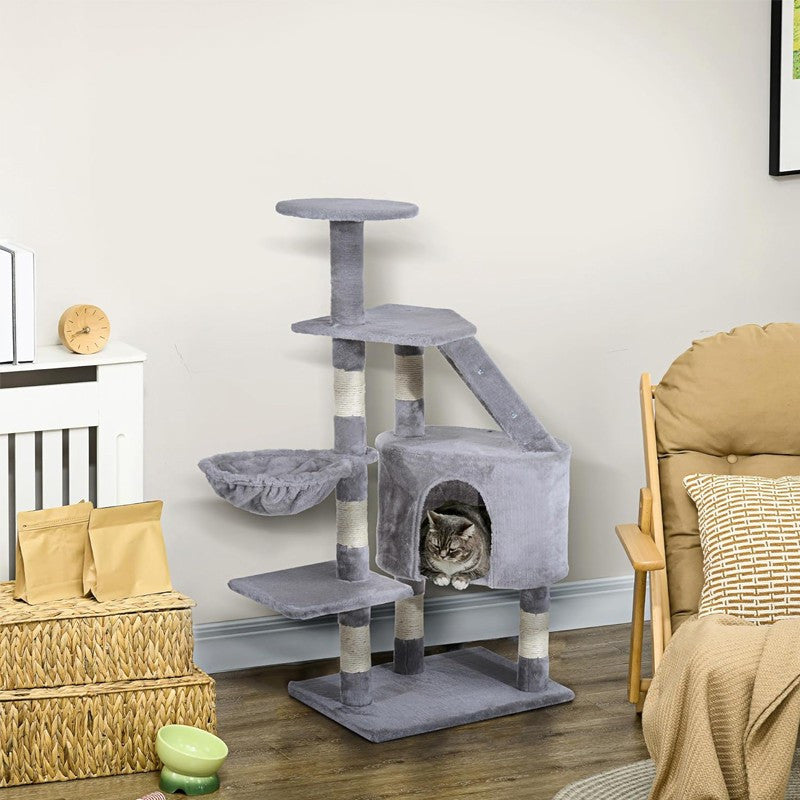 Ansamblu de joaca pentru pisici inaltime 120 cm 5 nivele cu pat cos stalpi sisal plus gri