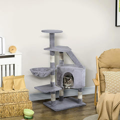 Ansamblu de joaca pentru pisici inaltime 120 cm 5 nivele cu pat cos stalpi sisal plus gri