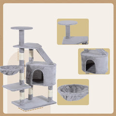 Ansamblu de joaca pentru pisici inaltime 120 cm 5 nivele cu pat cos stalpi sisal plus gri