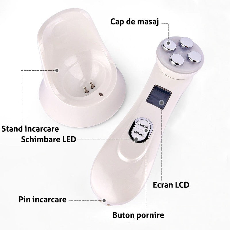 Aparat masaj facial cu ultrasunet 5 in 1 fototerapie antirid ecran lcd reincarcabil 750mah
