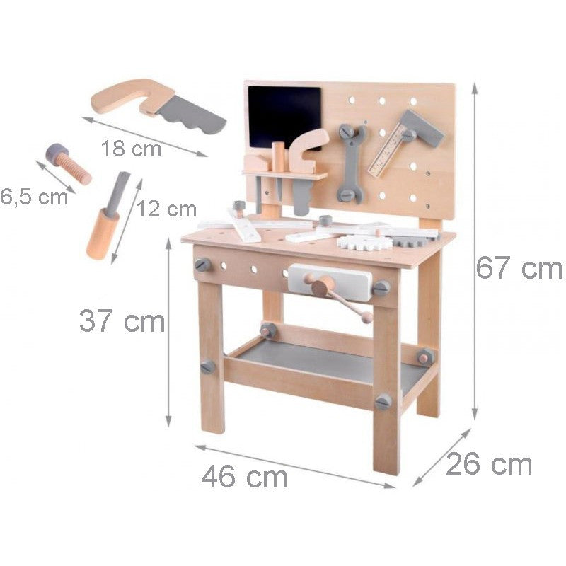 Banc de lucru pentru copii masa de bricolaj unelte raft depozitare din lemn 46x26x67 cm