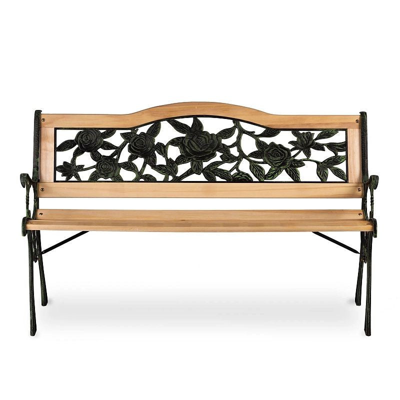 Banca gradina sezut si spatar lemn model floral structura otel 125-51-76 cm