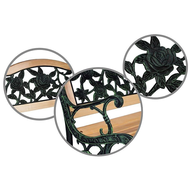 Banca gradina sezut si spatar lemn model floral structura otel 125-51-76 cm