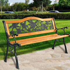 Banca gradina sezut si spatar lemn model floral structura otel 125-51-76 cm