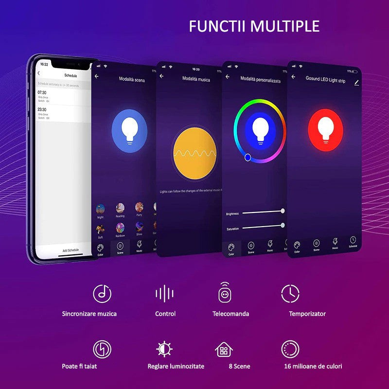Banda led rgb smart wi-fi ios android 2.8 m control vocal sincronizare muzica configurare simpla