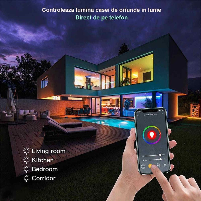 Banda led rgb smart wi-fi ios android 2.8 m control vocal sincronizare muzica configurare simpla