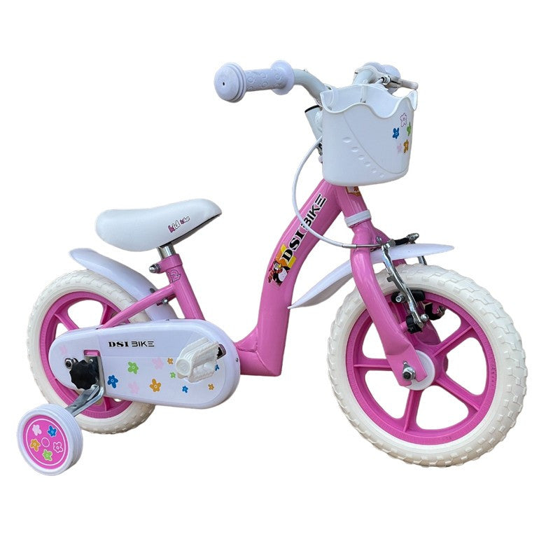 Bicicleta 12 inch roti ajutatoare cos cumparaturi sistem franare v-brake alb roz