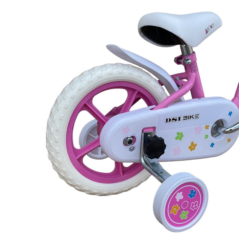 Bicicleta 12 inch roti ajutatoare cos cumparaturi sistem franare v-brake alb roz