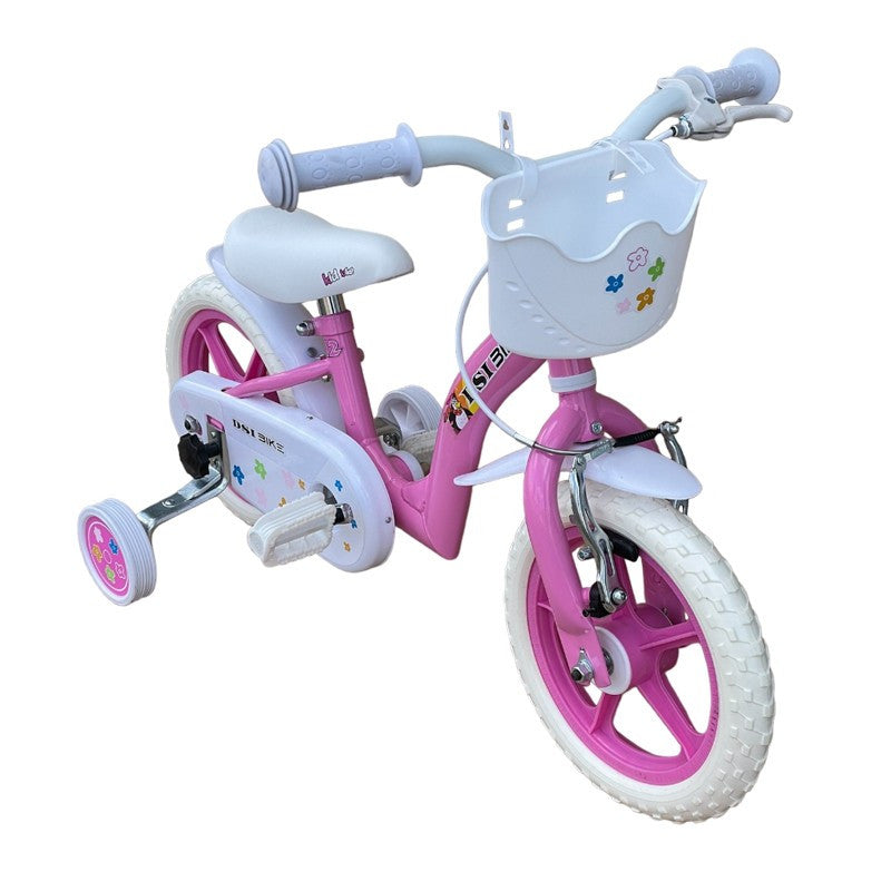 Bicicleta 12 inch roti ajutatoare cos cumparaturi sistem franare v-brake alb roz