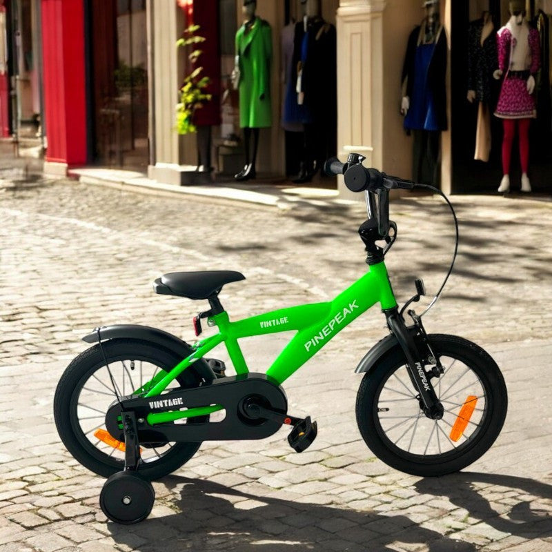 Bicicleta 14 inch roti ajutatoare detasabile cadru otel 21.5 cm manere cauciucate ghidonsa reglabile verde