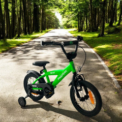 Bicicleta 14 inch roti ajutatoare detasabile cadru otel 21.5 cm manere cauciucate ghidonsa reglabile verde