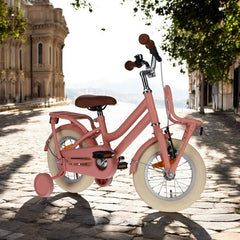 Bicicleta copii 12 inch cadru otel jante aluminiu frane coaster si v-brake roti ajutatoare suport frontal bella roz