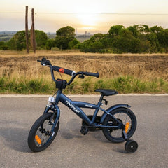 Bicicleta copii 3-5 ani 14 inch v-brake roti ajutatoare manere cauciucate jante aluminiu cadru otel albastra