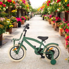 Bicicleta copii roti ajutatoare roti 14 inch scaun reglabil cadru otel frane v-brake suport fata jante aluminiu verde