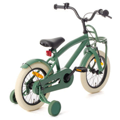 Bicicleta copii roti ajutatoare roti 14 inch scaun reglabil cadru otel frane v-brake suport fata jante aluminiu verde