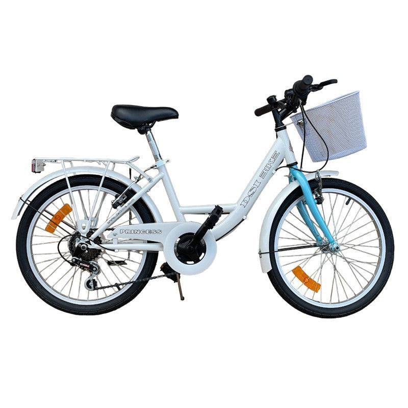 Bicicleta de oras 20 inch cadru otel 6 viteze cos cumparaturi portbagaj alb