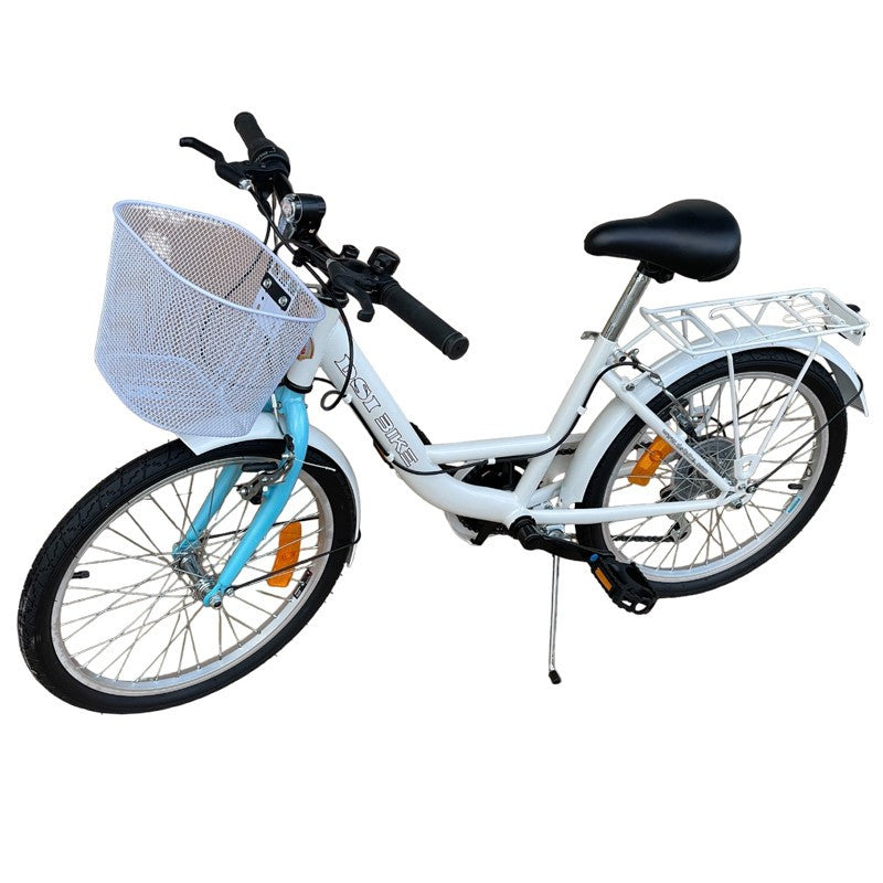 Bicicleta de oras 20 inch cadru otel 6 viteze cos cumparaturi portbagaj alb