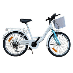 Bicicleta de oras 20 inch cadru otel 6 viteze cos cumparaturi portbagaj alb