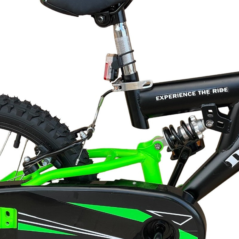 Bicicleta MTB 16 inch suspensii aparatoare lant sistem franare V-Brake negru verde