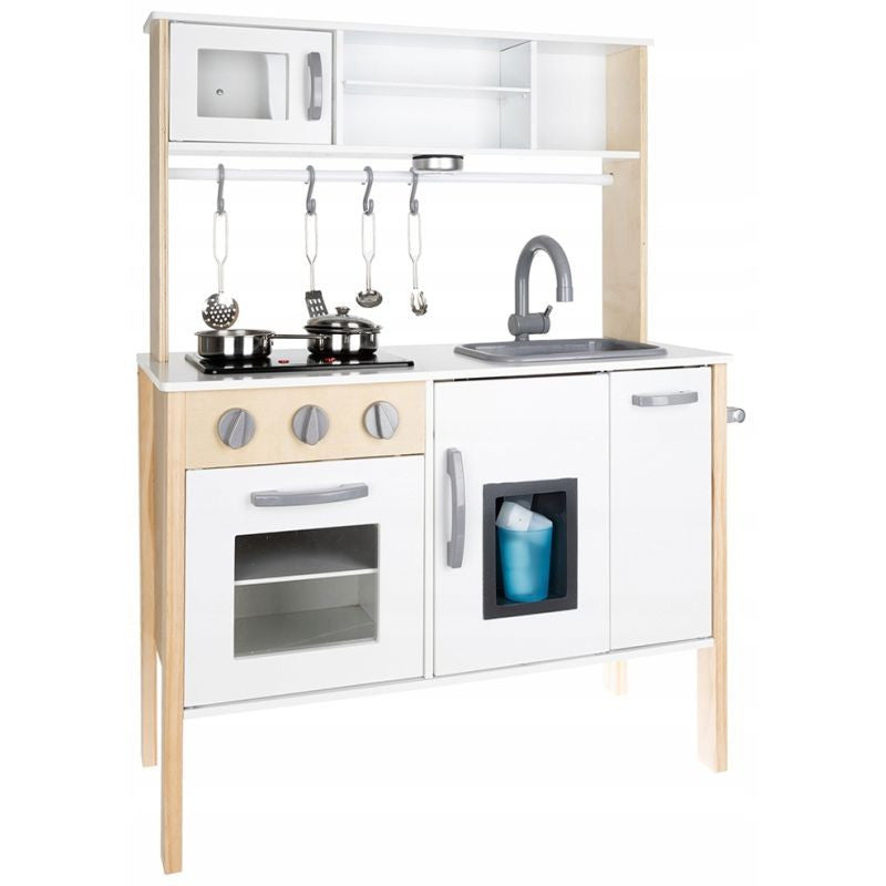 Bucatarie copii din lemn 70x89.5x30 cm accesorii lampa led cuptor plita rafturi chiuveta dozator gheata